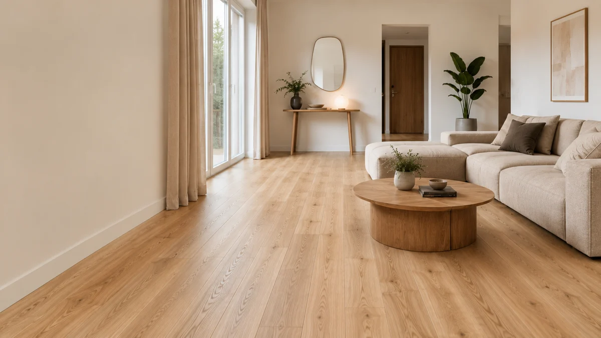 Wohninspiration: Dielenboden im hellen Wohnzimmer mit Sofa und rundem Couchtisch