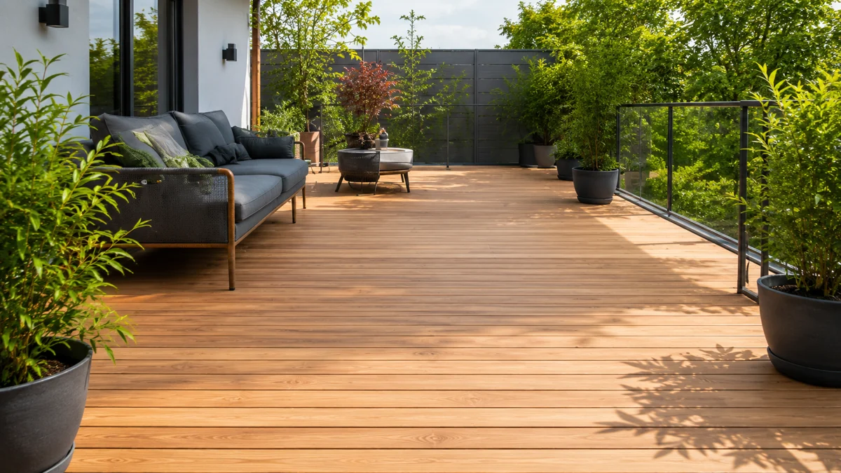Terrasseninspiration: Dielenboden mit Lounge, Geländer und Pflanzen