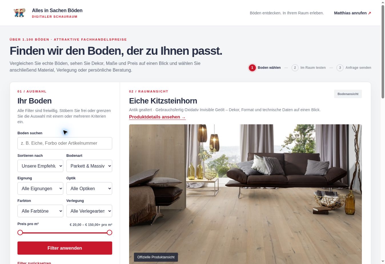 Bildschirmansicht des digitalen Schauraums mit Bodenfiltern und Raumansicht für Eiche Kitzsteinhorn