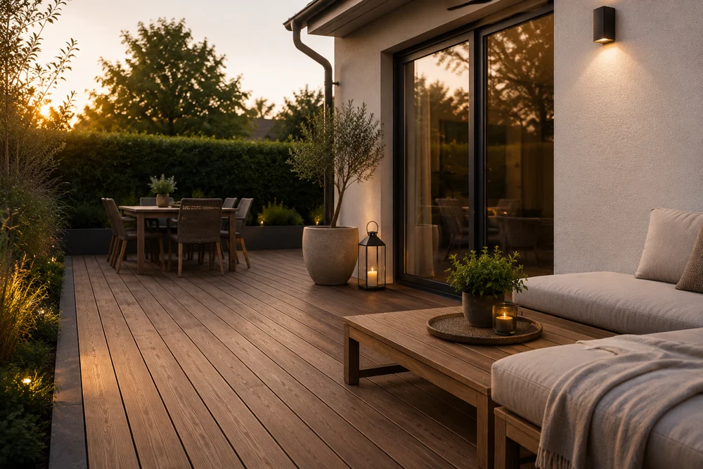 Terrasseninspiration: Holzoptik-Dielen mit Lounge und Essplatz am Haus