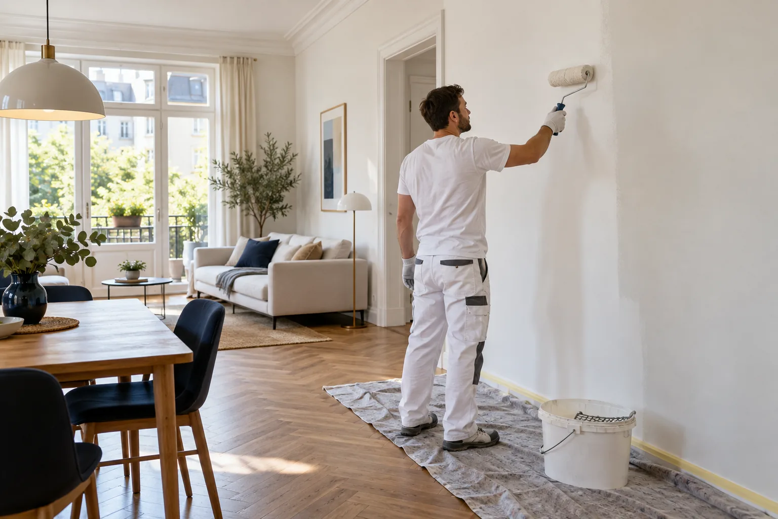 Wohninspiration von Alles in Sachen Wände: Maler streicht eine Wand in einem hellen Wohnbereich